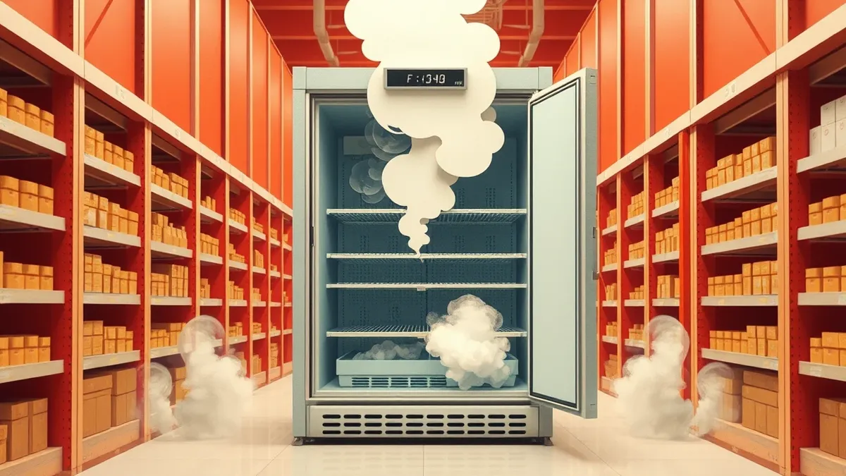 Illustration: A supermarket refrigeration unit sits in a storage aisle with its heavy metal door slightly ajar.
