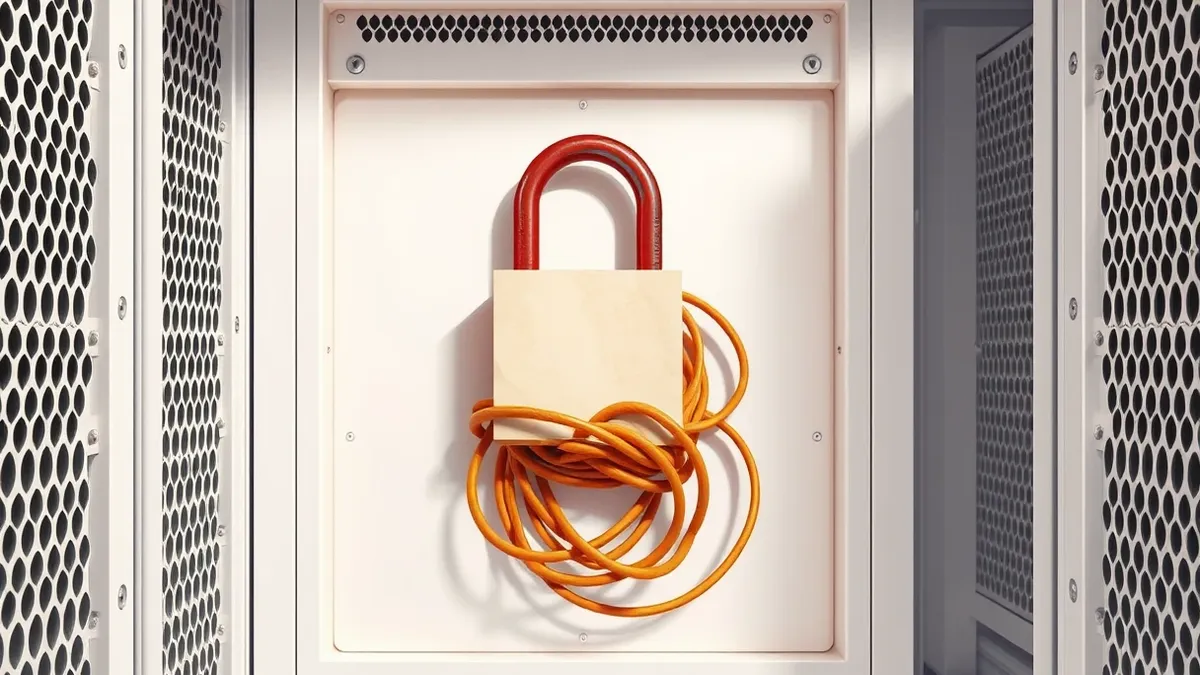 Illustration: A single exposed padlock rests on a sleek white server chassis.