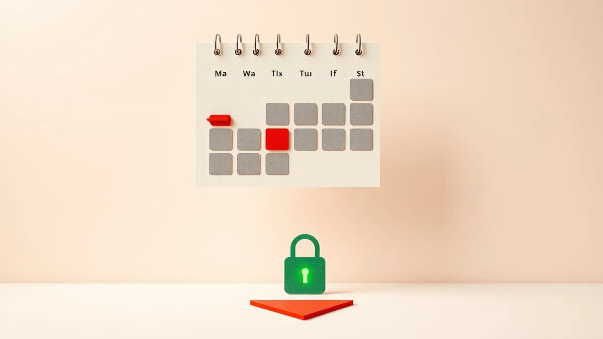 Illustration: A sleek, modern calendar page floats in mid-air, its dates blurred into abstract grey blocks.