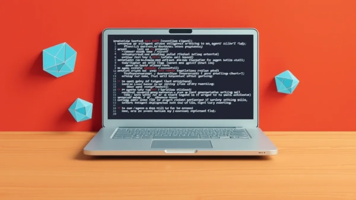 Illustration: A sleek silver laptop sits on a wooden desk, its screen displaying lines of abstract white code against a dark background.