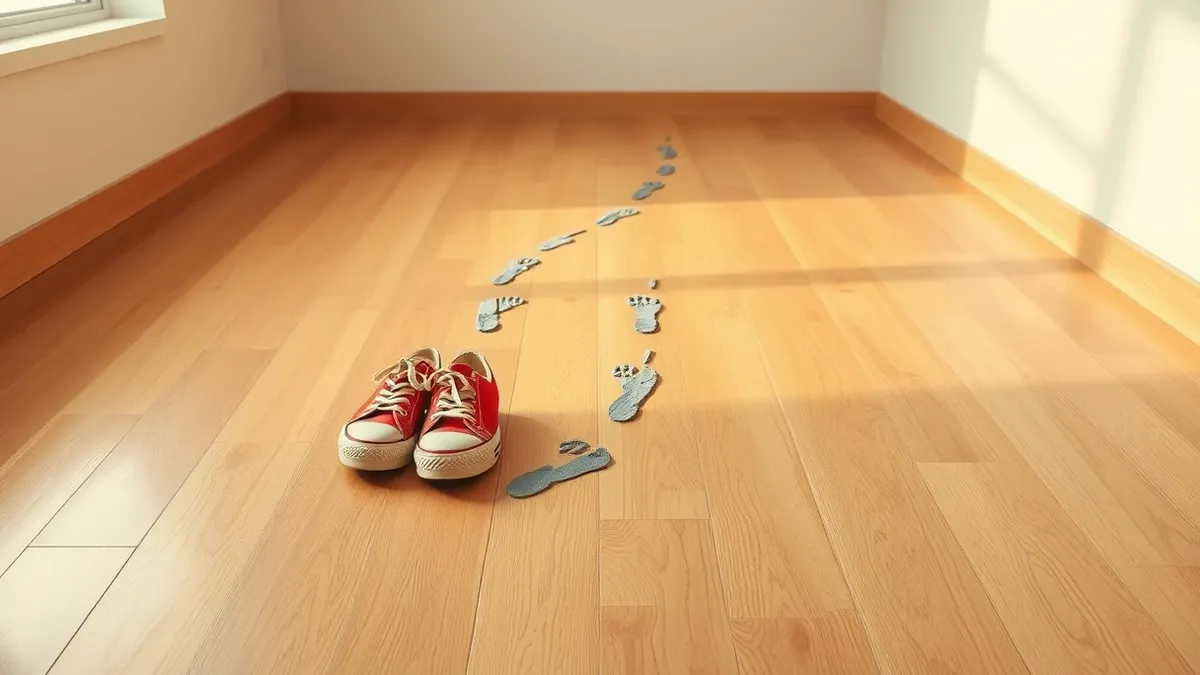 Illustration: A single pair of worn sneakers sits on a polished wooden floor, leaving faint gray dust marks that trail away into the empty room.