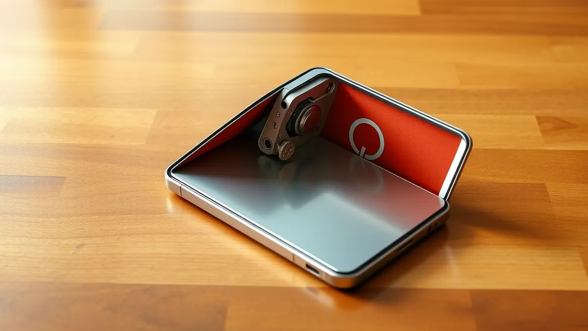 Illustration: A silver foldable smartphone rests open on a polished wooden table, its central hinge exposed to reveal intricate metallic gears and layered structural components.