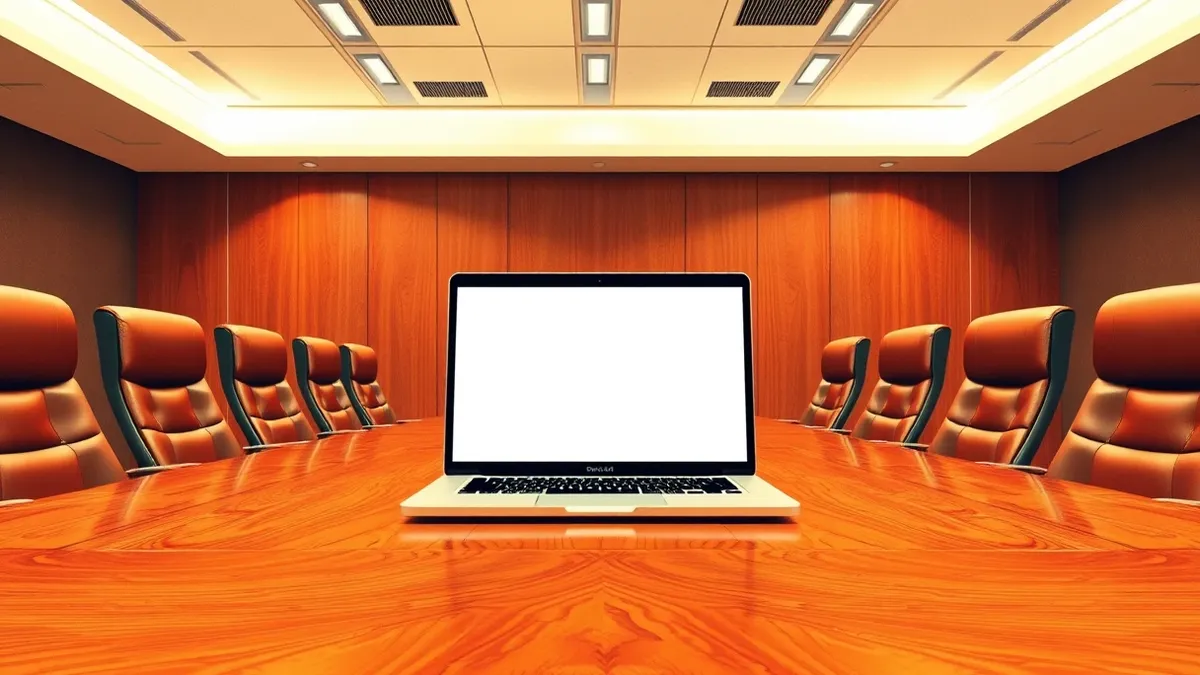Illustration: A polished wooden boardroom table holds a single open laptop with a blank white screen.