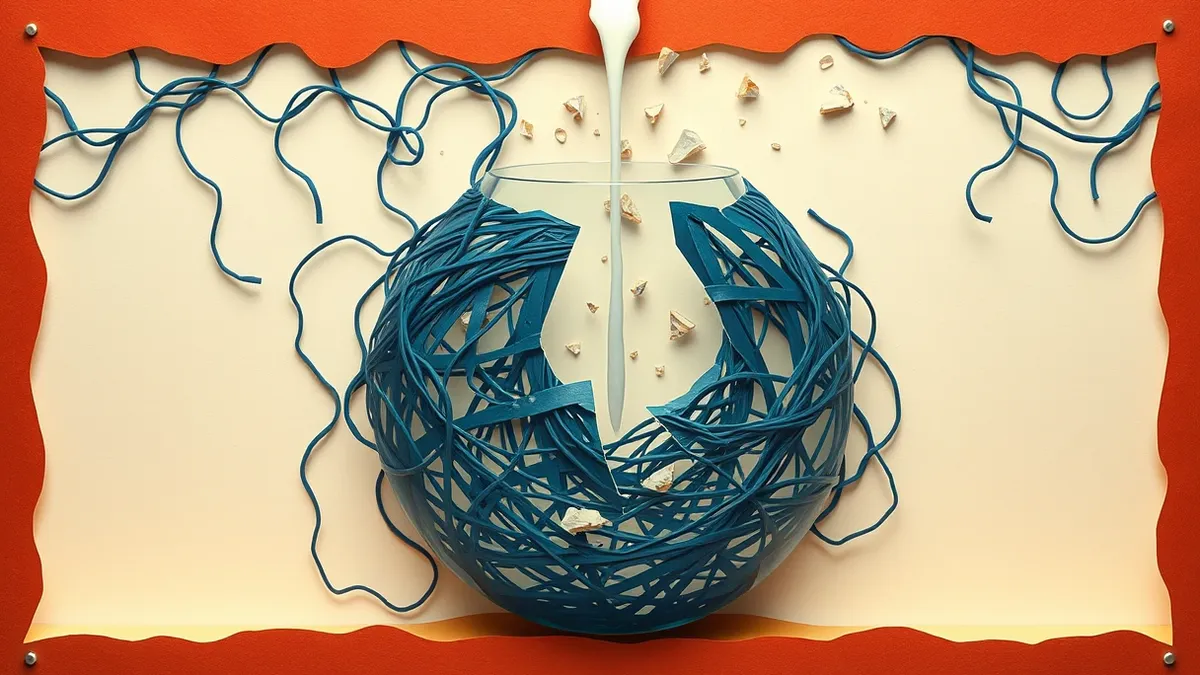 Illustration: A tangled web of corrupted blue threads wraps around a fractured glass sphere.