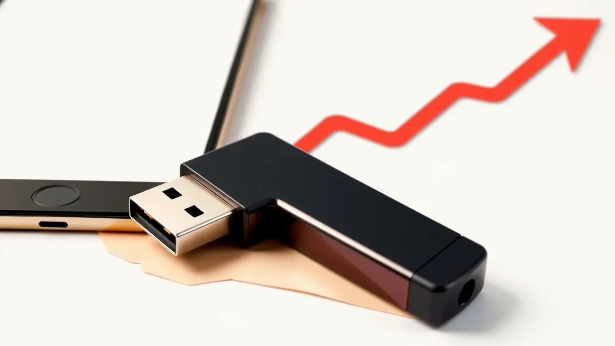 Illustration: A sleek black USB security key rests on a clean white desk next to a blank smartphone.