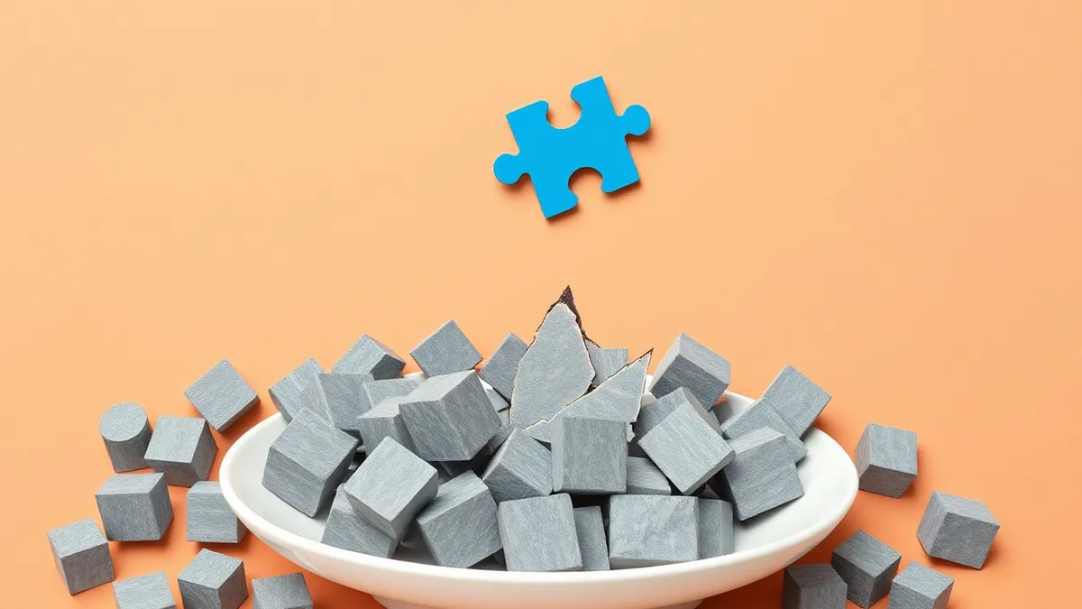 Illustration: A cracked blue puzzle piece floats above a tangled heap of gray geometric blocks.