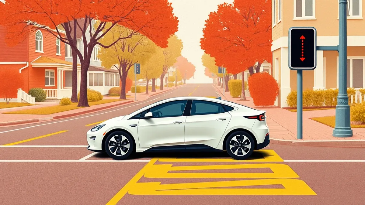 Illustration: A sleek autonomous electric vehicle sits idle on an empty suburban street beside painted school zone markings and a yellow crosswalk.