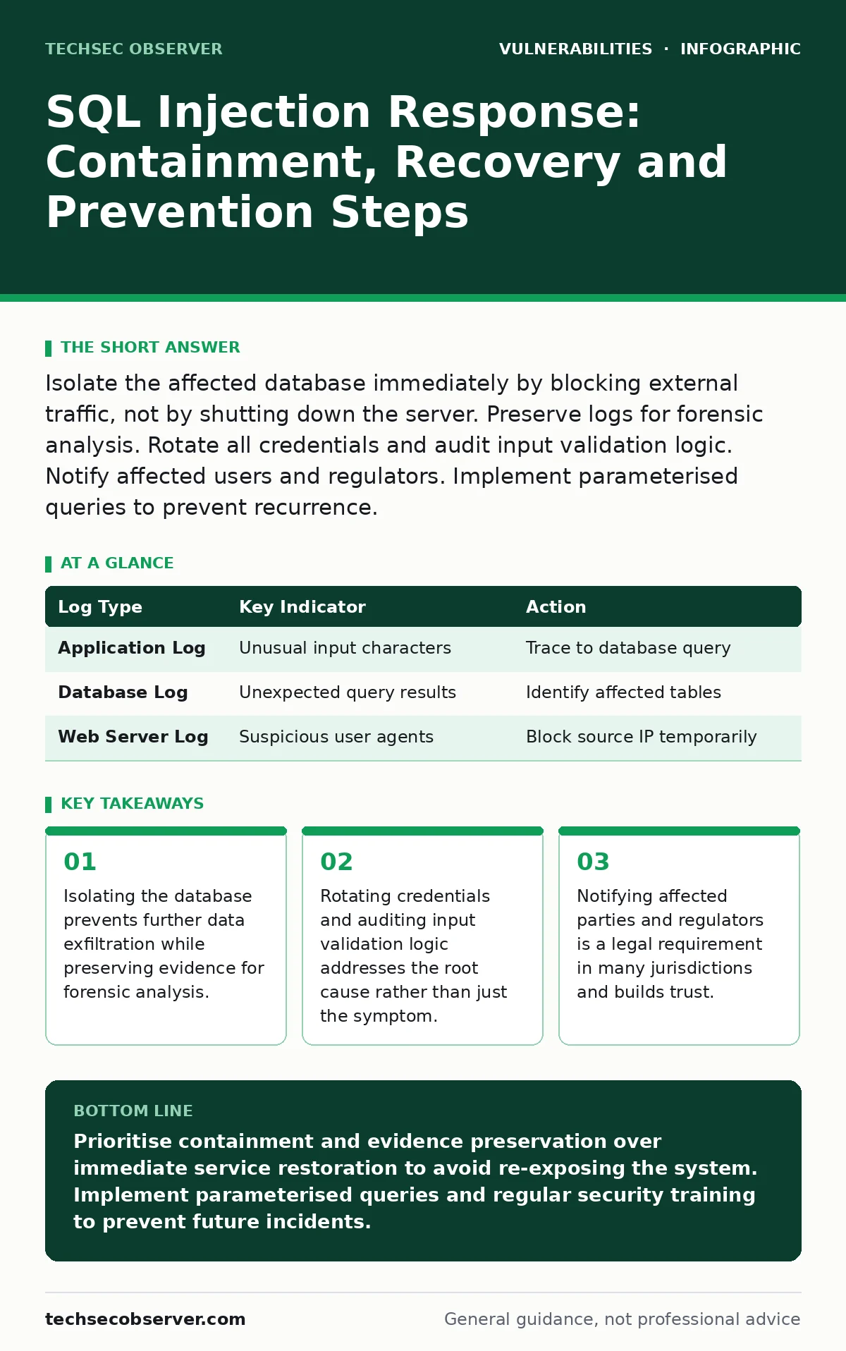Infographic: SQL Injection Response: Containment, Recovery and Prevention Steps. Isolating the database prevents further data exfiltration while preserving evidence for forensic analysis. Rotating credentials and auditing input validation logic addresses the root cause rather than just the symptom.