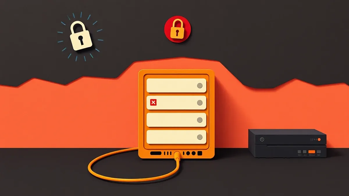 Illustration: A database server sits isolated on a dark desk, disconnected from the network by a visibly unplugged cable.