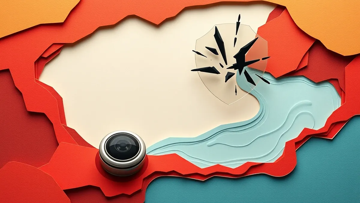 Illustration: A sleek metallic sensor sits beside a winding digital river that slowly shifts from calm blue to jagged red currents.