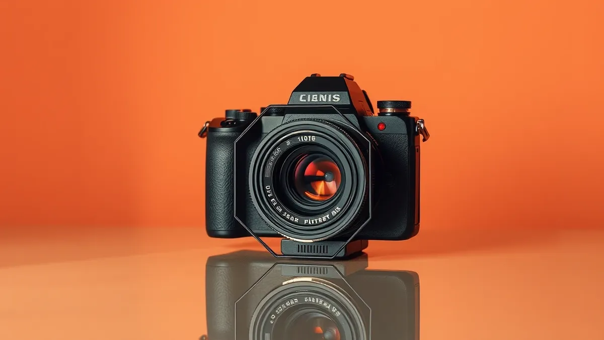 Illustration: A sleek black camera lens sits alone on a polished glass table, reflecting soft ambient light.