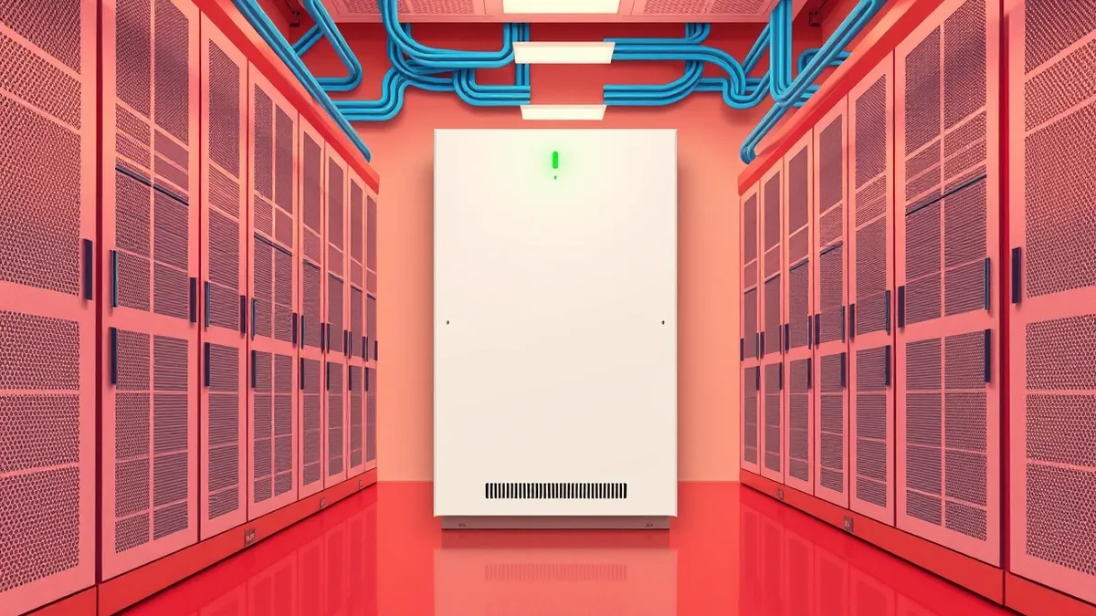 Illustration: A sleek white server blade sits inside a clean data center row.