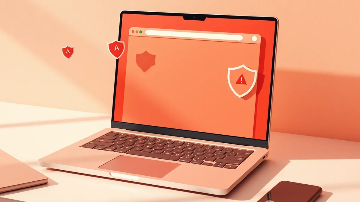 Illustration: A sleek laptop sits open on a clean desk, its screen displaying a blank browser window with several floating shield icons hovering near the edges.