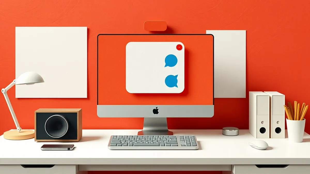 Illustration: A sleek desktop computer sits on a modern desk, its screen displaying a blank, minimalist chat interface with abstract blue shapes.