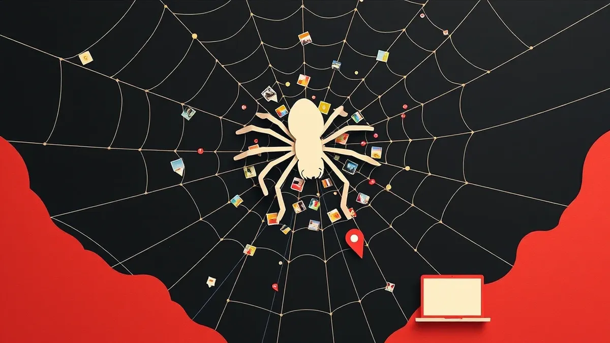 Illustration: A translucent digital spiderweb stretches across a dark void, trapping fragments of colorful photo thumbnails and location pins.