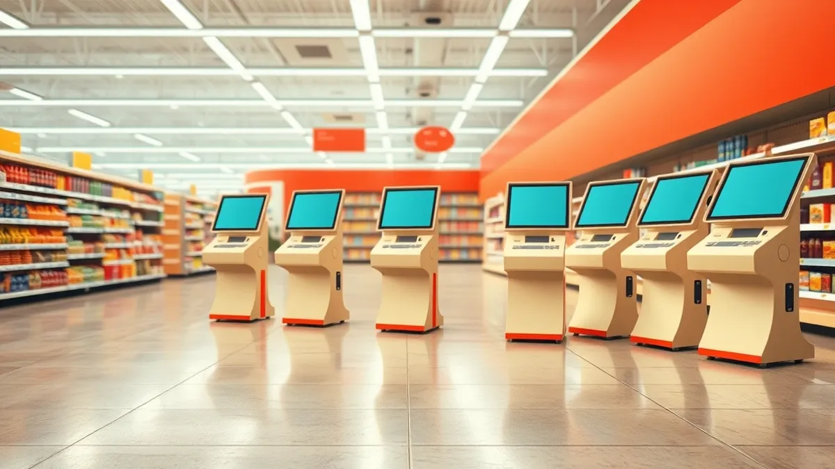 Illustration: A row of blank checkout terminals sits idle in an empty supermarket aisle.