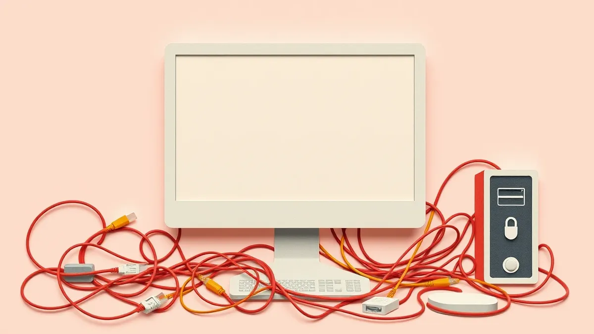 Illustration: A tangled cluster of ethernet and wi-fi cables connects to a blank desktop monitor.
