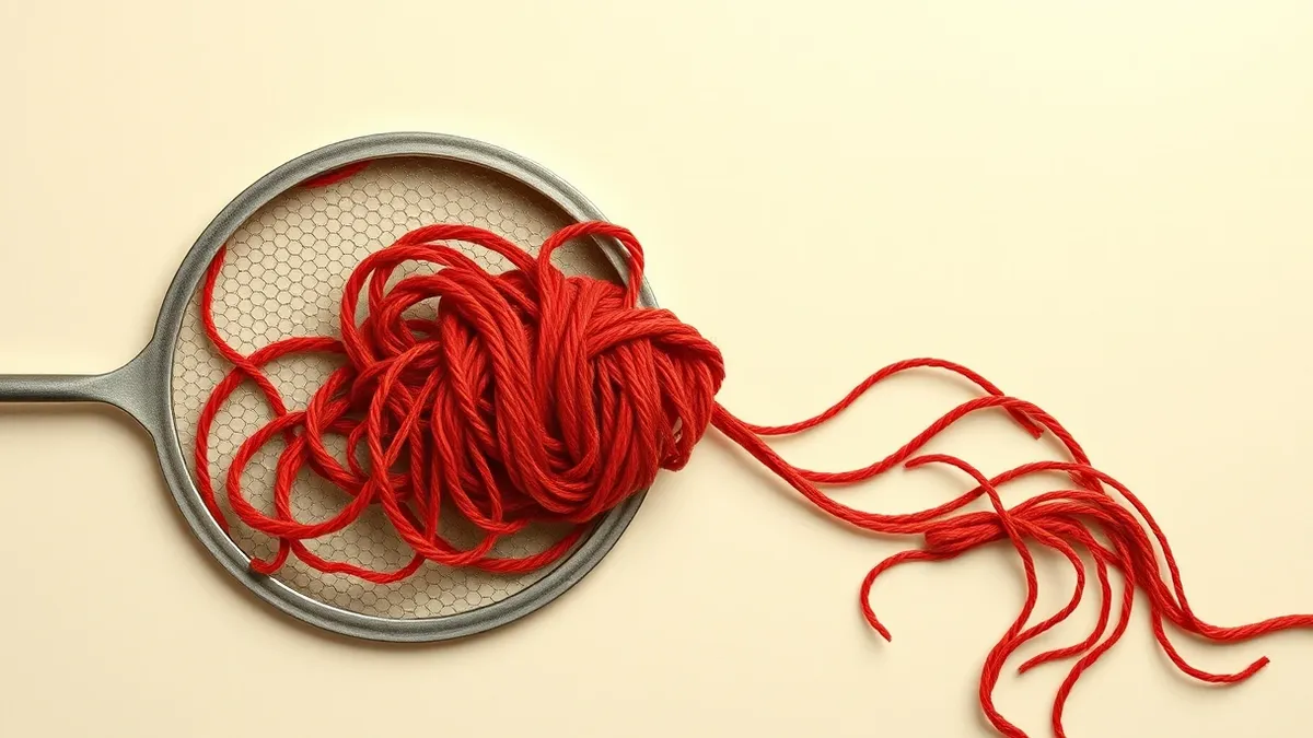 Illustration: A tangled knot of red yarn grows thicker as it passes through a metal sieve, clogging the mesh completely and stopping the flow of loose threads, illustrating how com