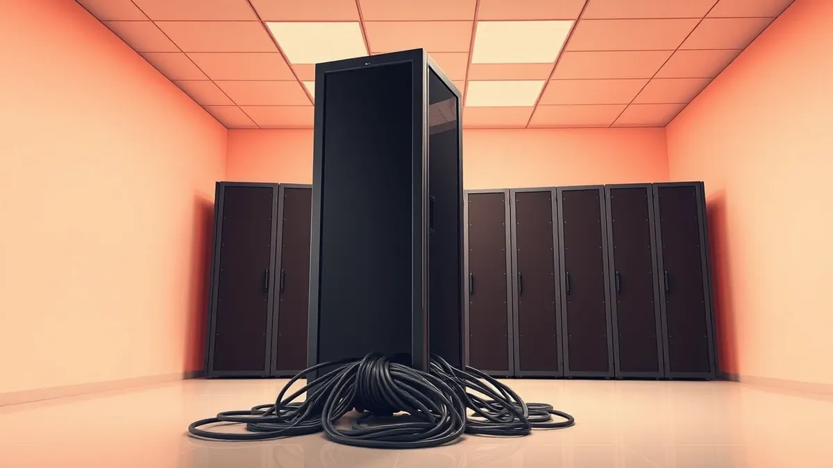Illustration: A towering black server rack stands alone in a cold, sterile room.