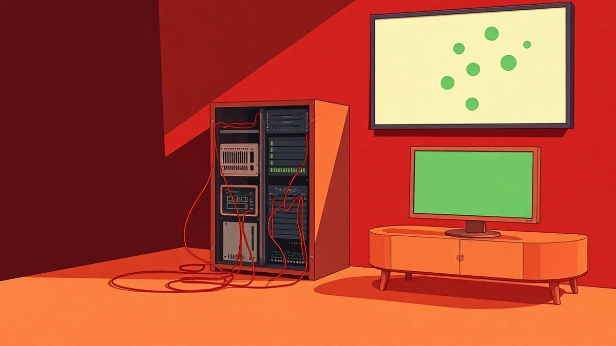 Illustration: A solitary server unit sits in a dark room with its side panel removed, exposing blank circuit boards.