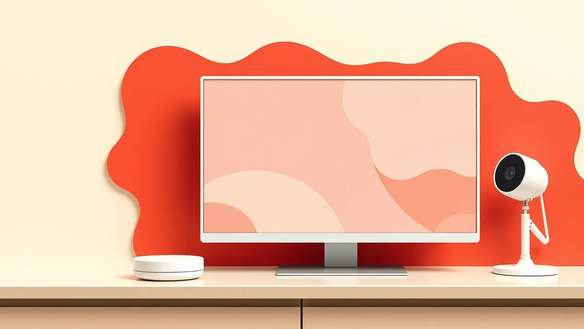 Illustration: A sleek white smart display sits on a modern kitchen countertop, showing a blank screen with soft abstract geometric shapes.