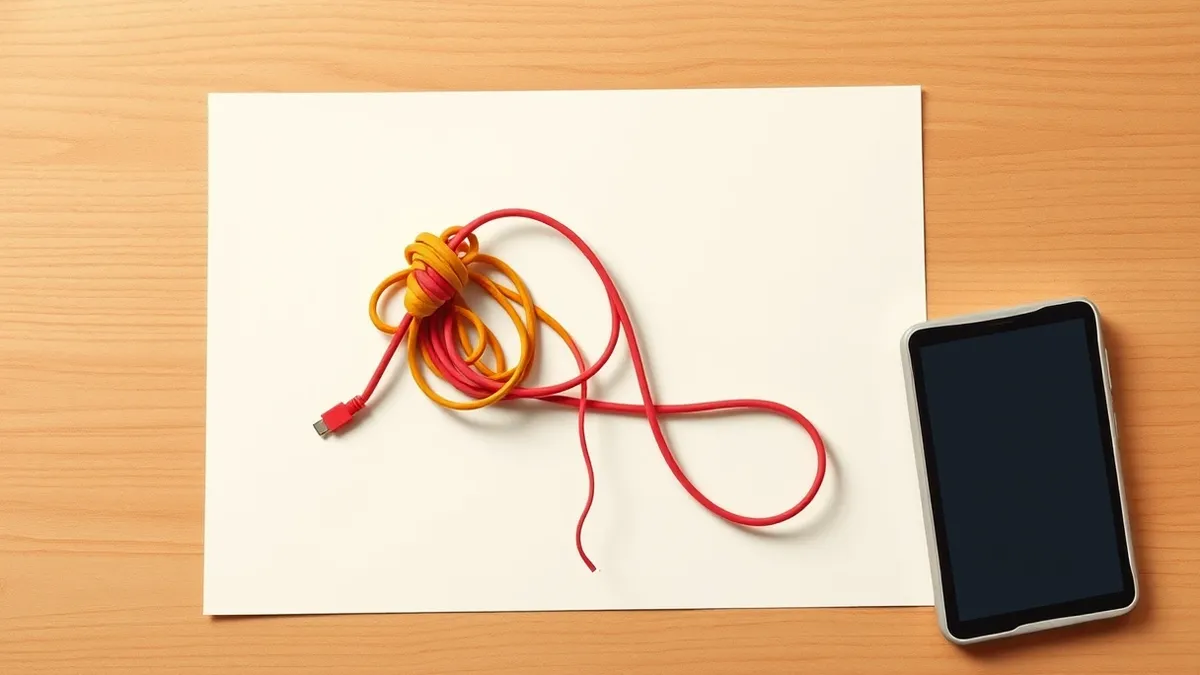 Illustration: A tangled knot of colorful cords sits on a wooden desk, with one thin red string slipping silently through the loop and dangling toward the floor.