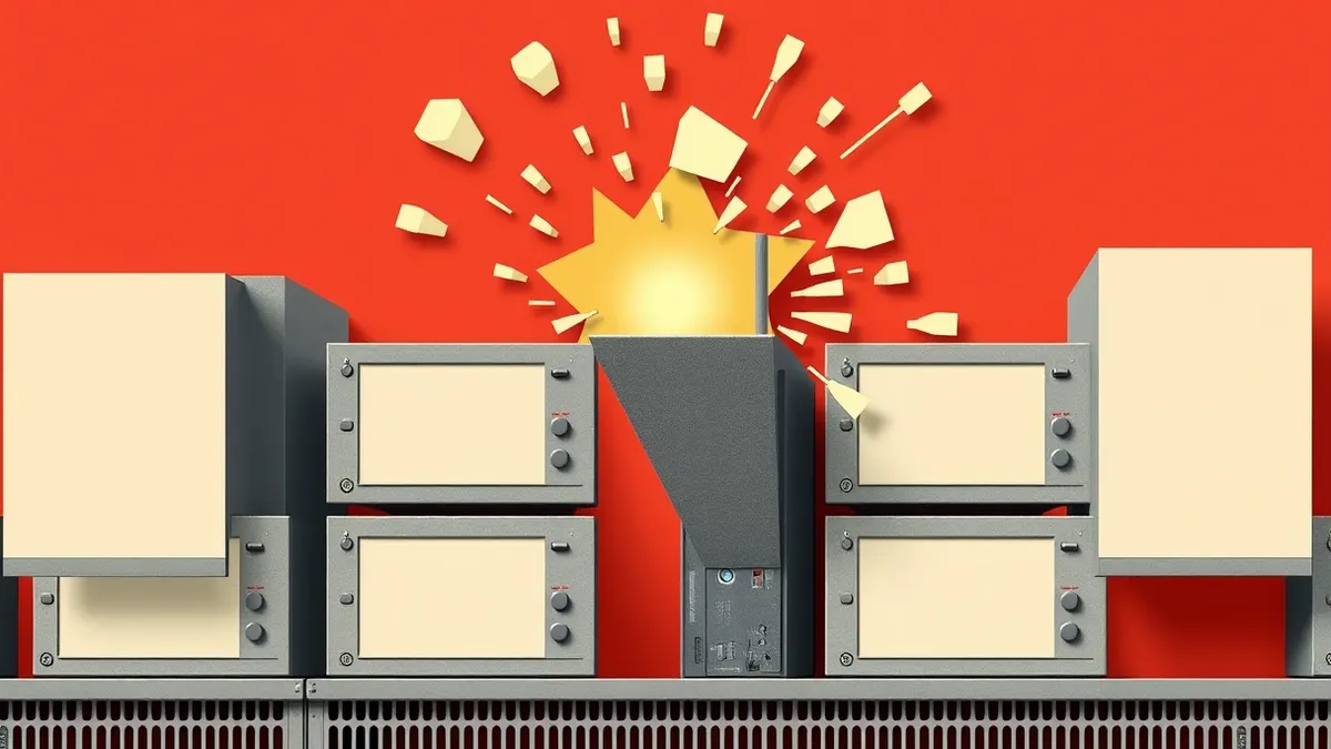 Illustration: A grey network firewall sits on a metal rack with blank front panels and small indicator lights.
