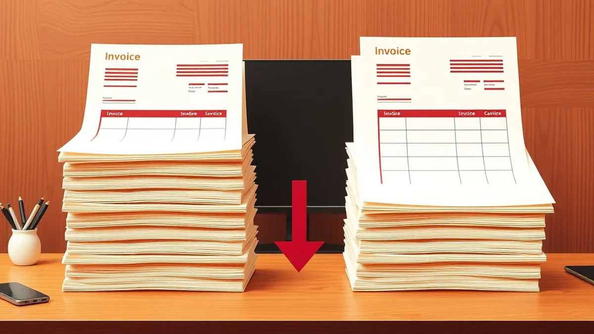 Illustration: Two identical stacks of blank invoices sit side by side on a sleek wooden desk.