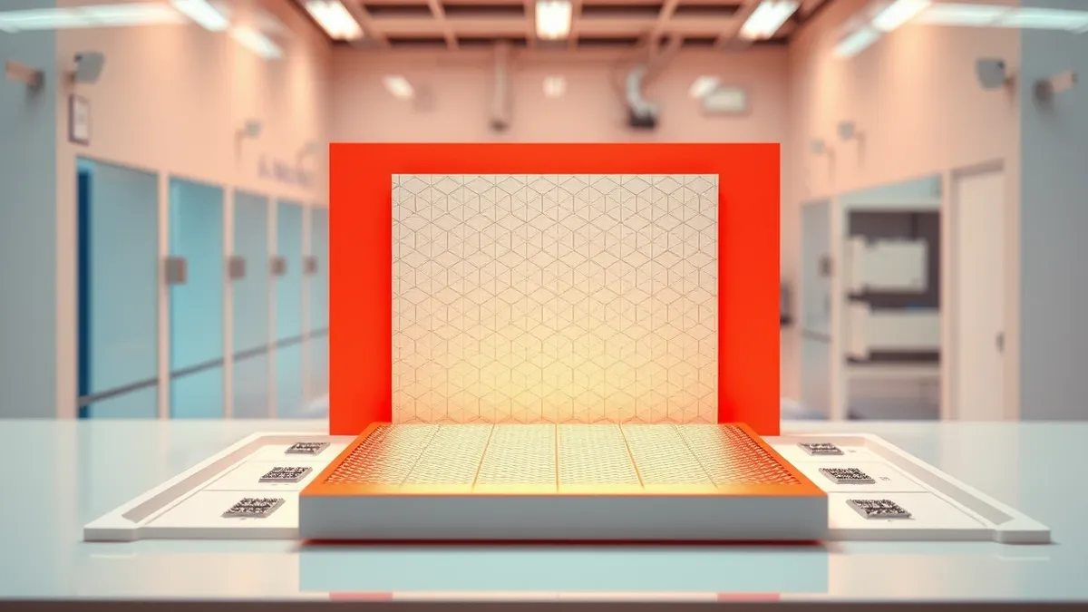 Illustration: A microscopic silicon wafer rests on a pristine white tray inside a cleanroom.