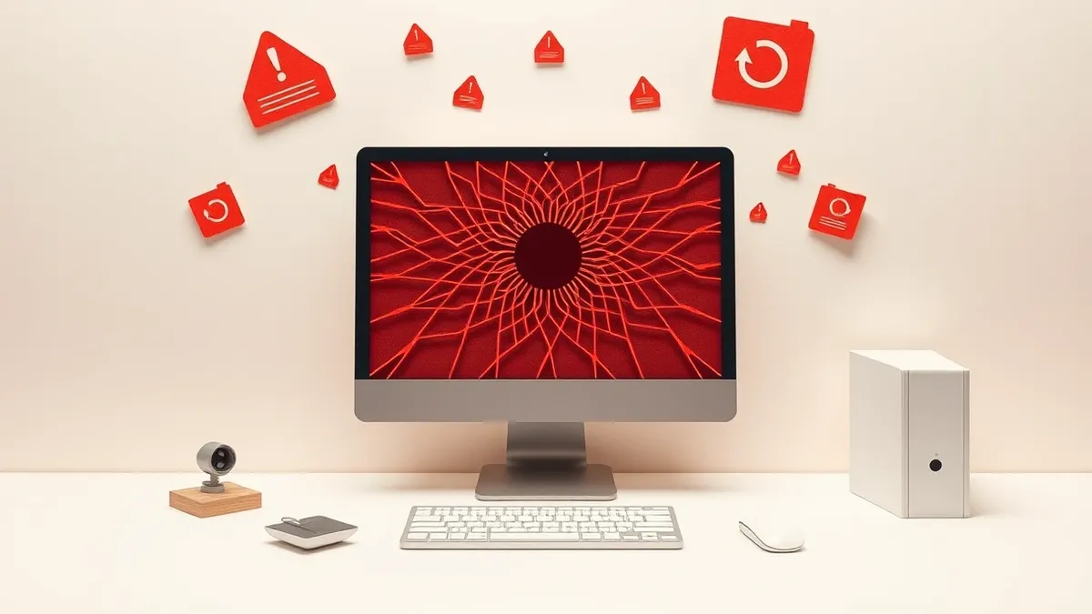 Illustration: A solitary desktop computer sits on a clean white desk, its monitor displaying a stark, abstract network of glowing red lines converging on a central dark node.