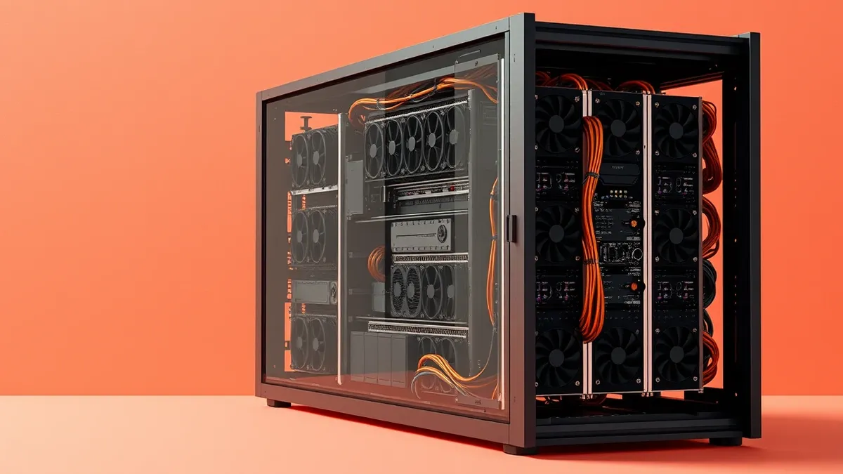 Illustration: A sleek open-rack server chassis stands alone, its internal layout revealing densely packed black GPU modules and intricate copper wiring.