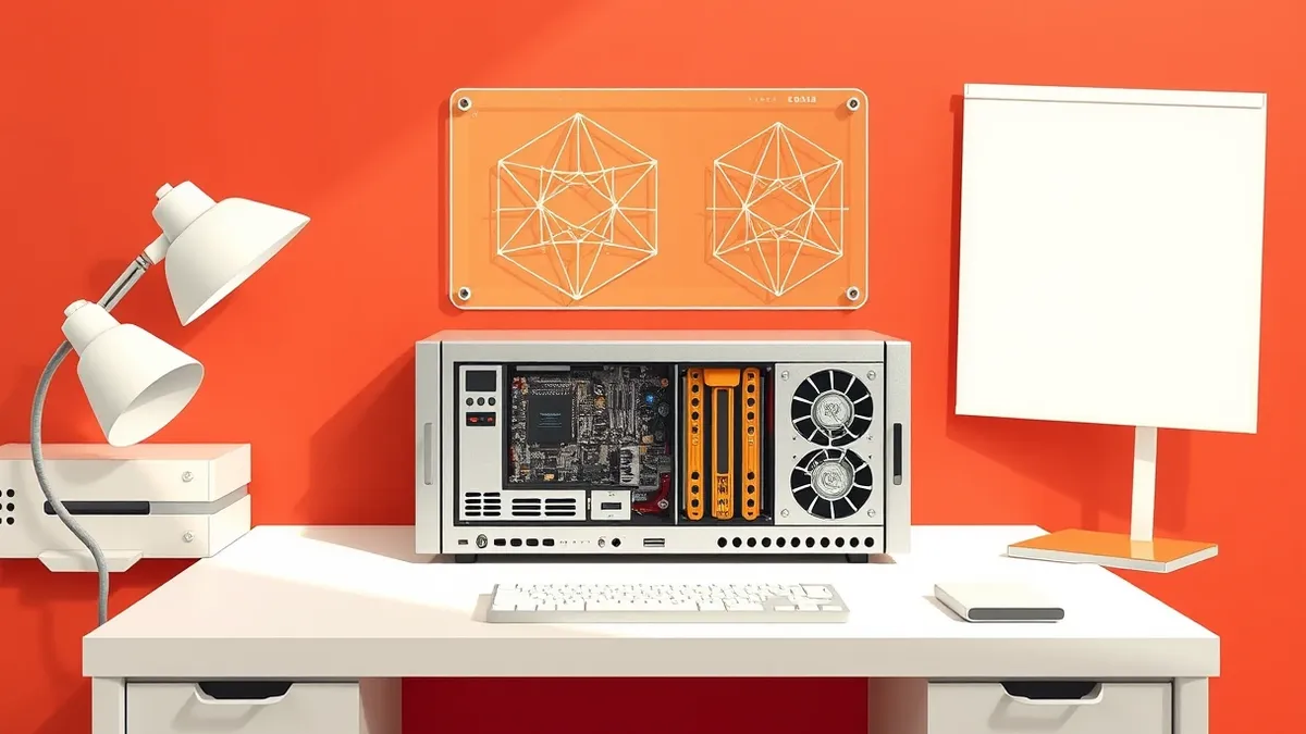 Illustration: A sleek silver server unit sits on a clean white desk, its side panel open to reveal intricate circuit boards and cooling fans.
