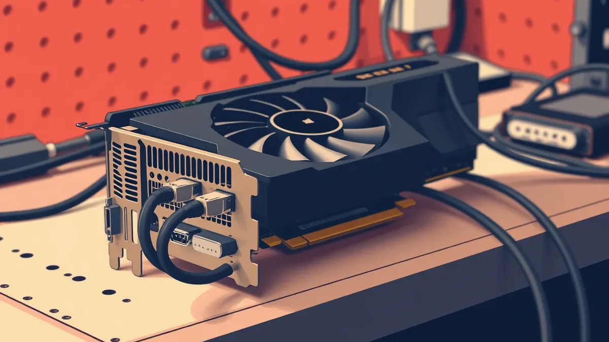 Illustration: A black graphics card sits on a workbench with its power input split into four distinct cables.