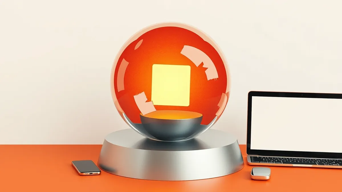 Illustration: A translucent glass sphere rests on a metal surface, containing a single glowing cube.