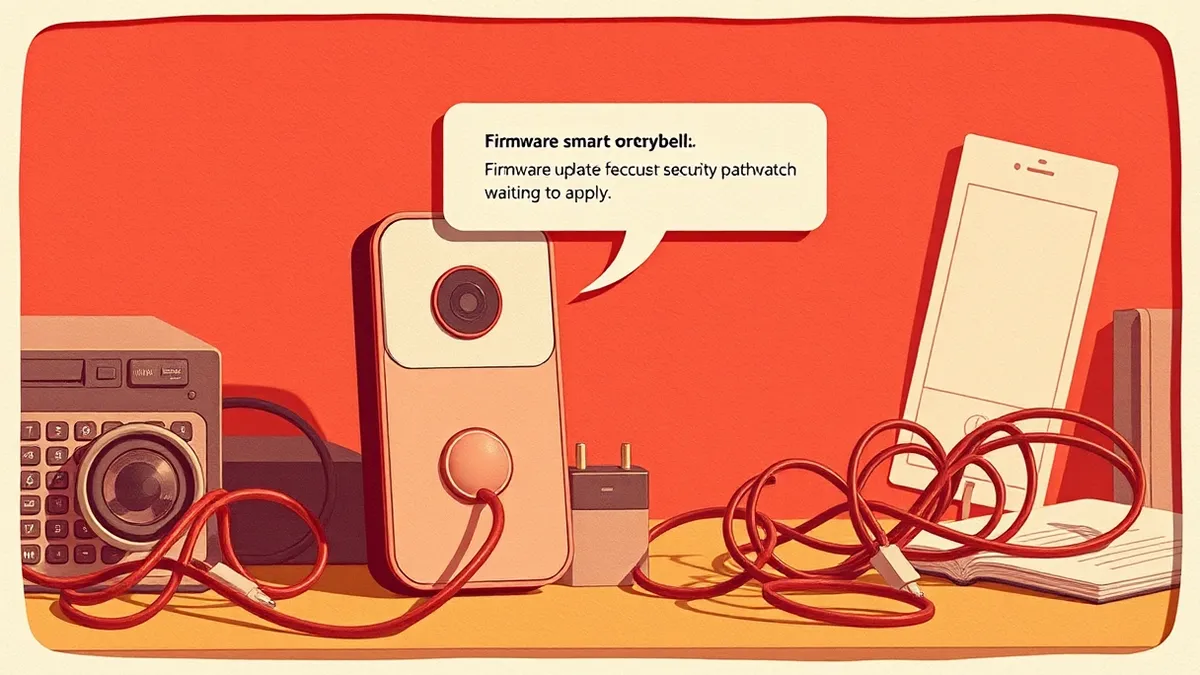 Illustration: A dusty smart doorbell sits on a cluttered entry table next to a tangled tangle of charging cables.