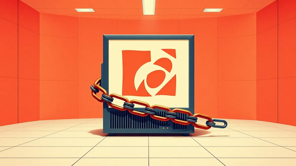 Illustration: A sleek advertising server sits in a sterile room, its blank screen displaying abstract geometric shapes.