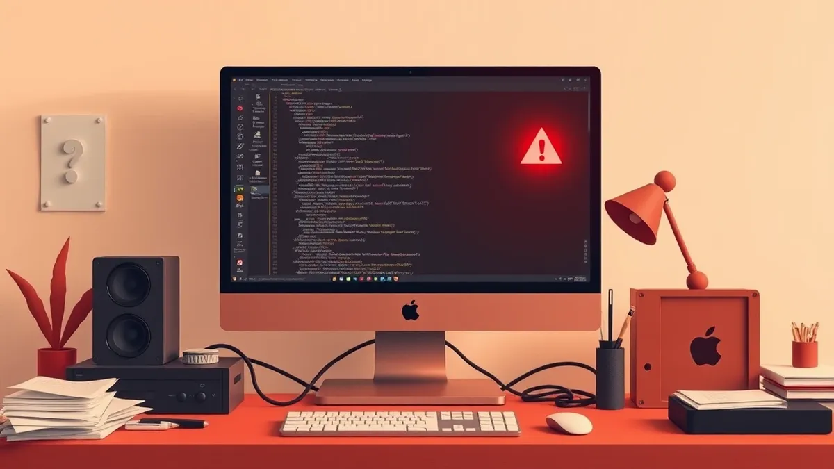Illustration: A sleek software development workstation sits idle on a cluttered desk, its monitor displaying a blank code editor interface.