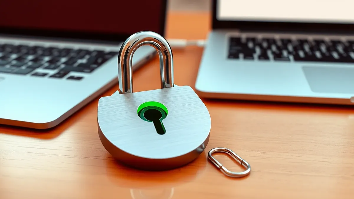 Illustration: A sleek silver security key rests on a polished wooden desk beside a modern laptop.