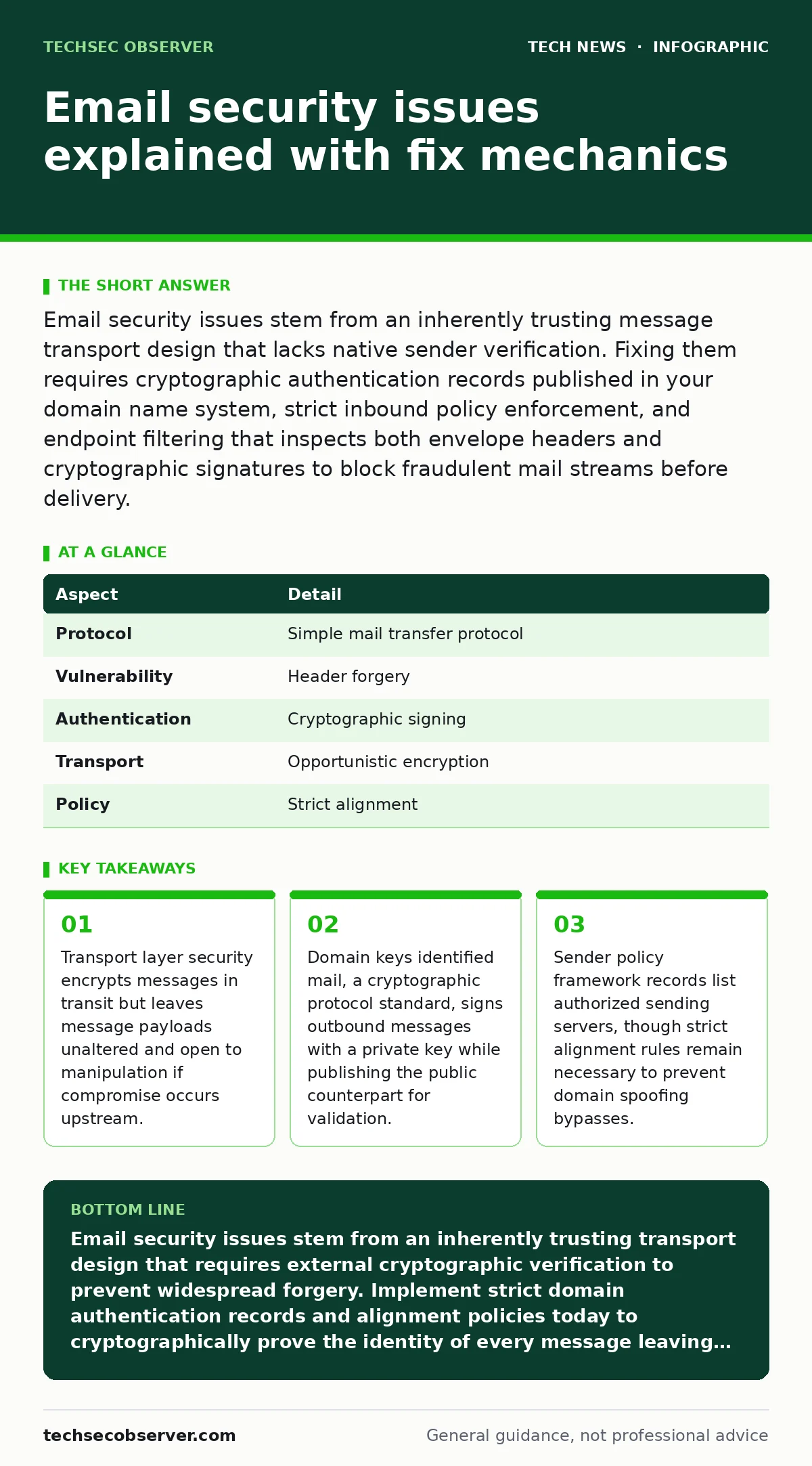 Infographic: Email security issues explained with fix mechanics. Transport layer security encrypts messages in transit but leaves message payloads unaltered and open to manipulation if compromise occurs upstream. Domain keys identified mail, a cryptographic protocol standard, signs outbound messages