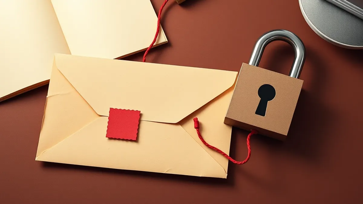 Illustration: A tattered paper envelope lies on a desk next to a sleek digital lock.