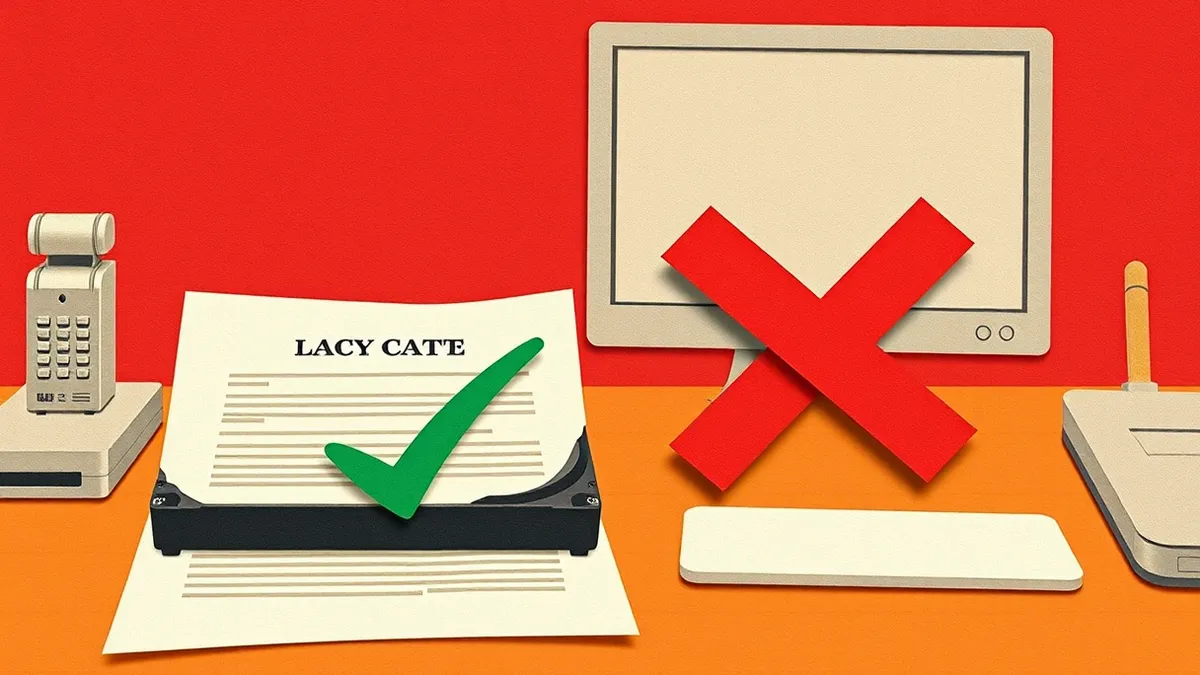 Illustration: A legal document sits on a desk beside a computer hard drive.