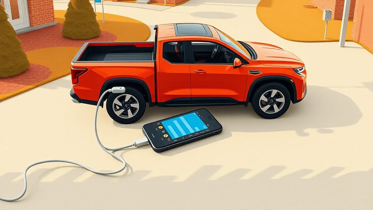 Illustration: An electric pickup truck sits on a paved driveway.