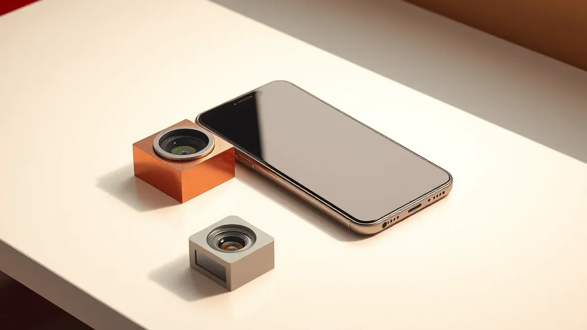 Illustration: A sleek smartphone rests on a clean white table next to a small block of raw titanium metal.