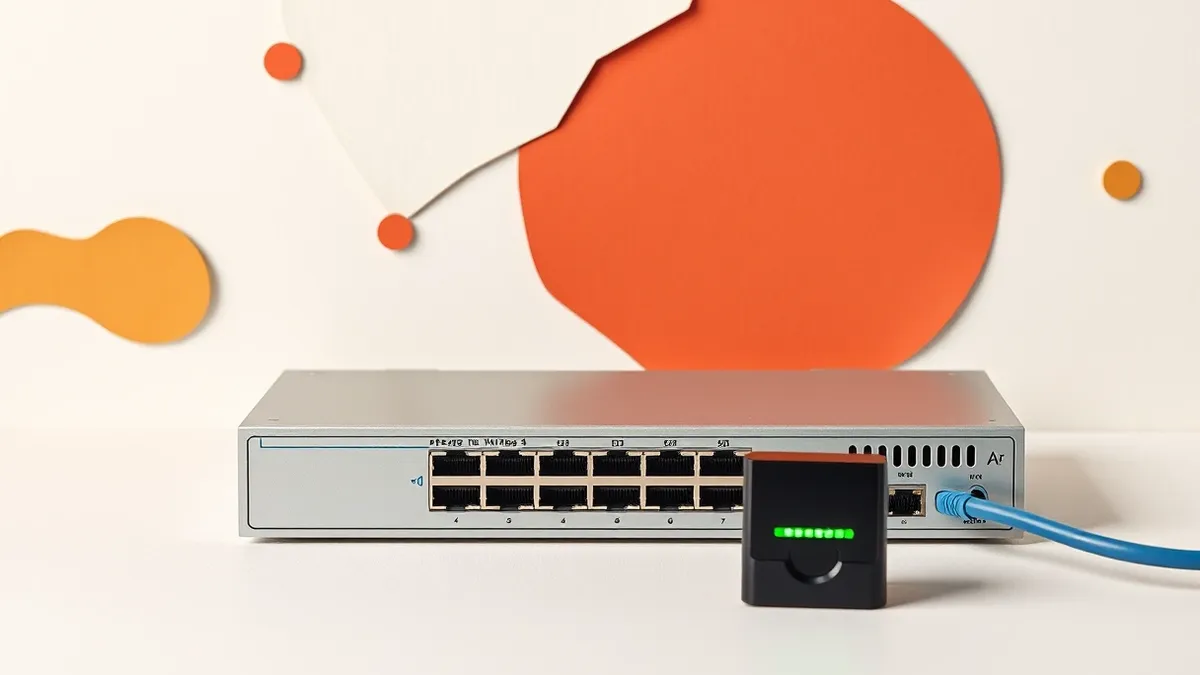 Illustration: A silver network switch sits on a clean white desk.