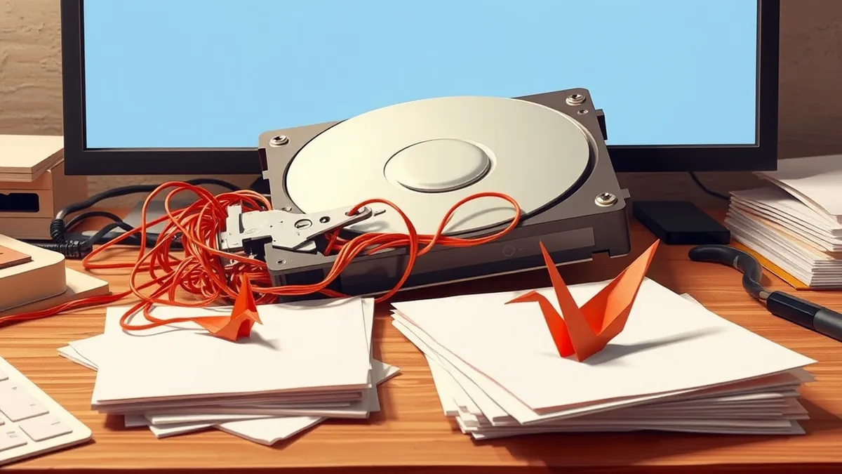 Illustration: A sleek silver hard drive lies cracked open on a cluttered wooden desk, revealing tangled copper wires spilling out like guts.