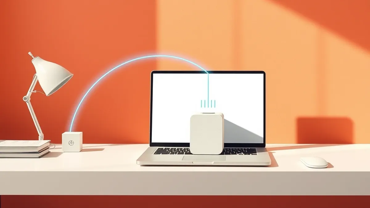 Illustration: A clean, modern office desk holds a sleek laptop with a blank screen and a small white cube topped by an antenna.