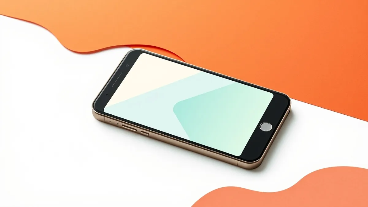 Illustration: A generic smartphone rests on a clean white surface with its screen displaying a minimalist abstract interface featuring soft blue and green geometric shapes.