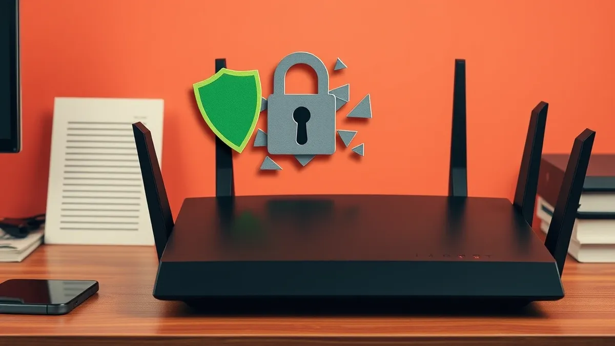 Illustration: A sleek black router sits on a wooden desk with its antenna pointing upward.
