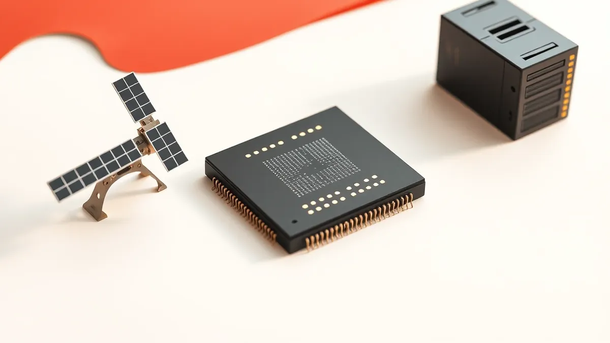 Illustration: A glossy black square processor chip rests on a white surface next to a miniature satellite model and a small server blade.