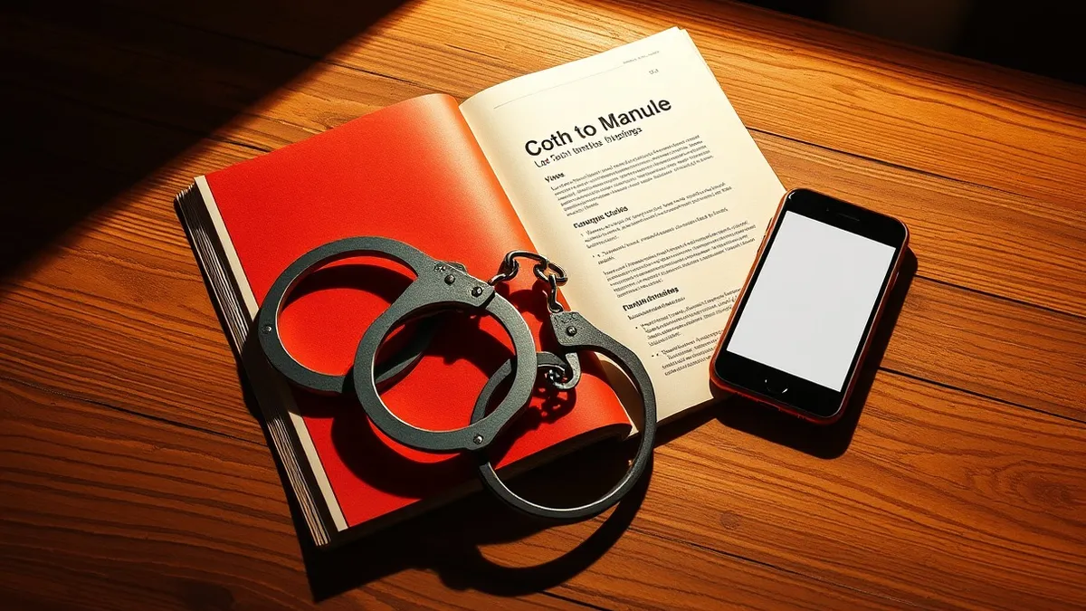 Illustration: A printed manual lies open on a wooden table next to a smartphone displaying a blank messaging interface.